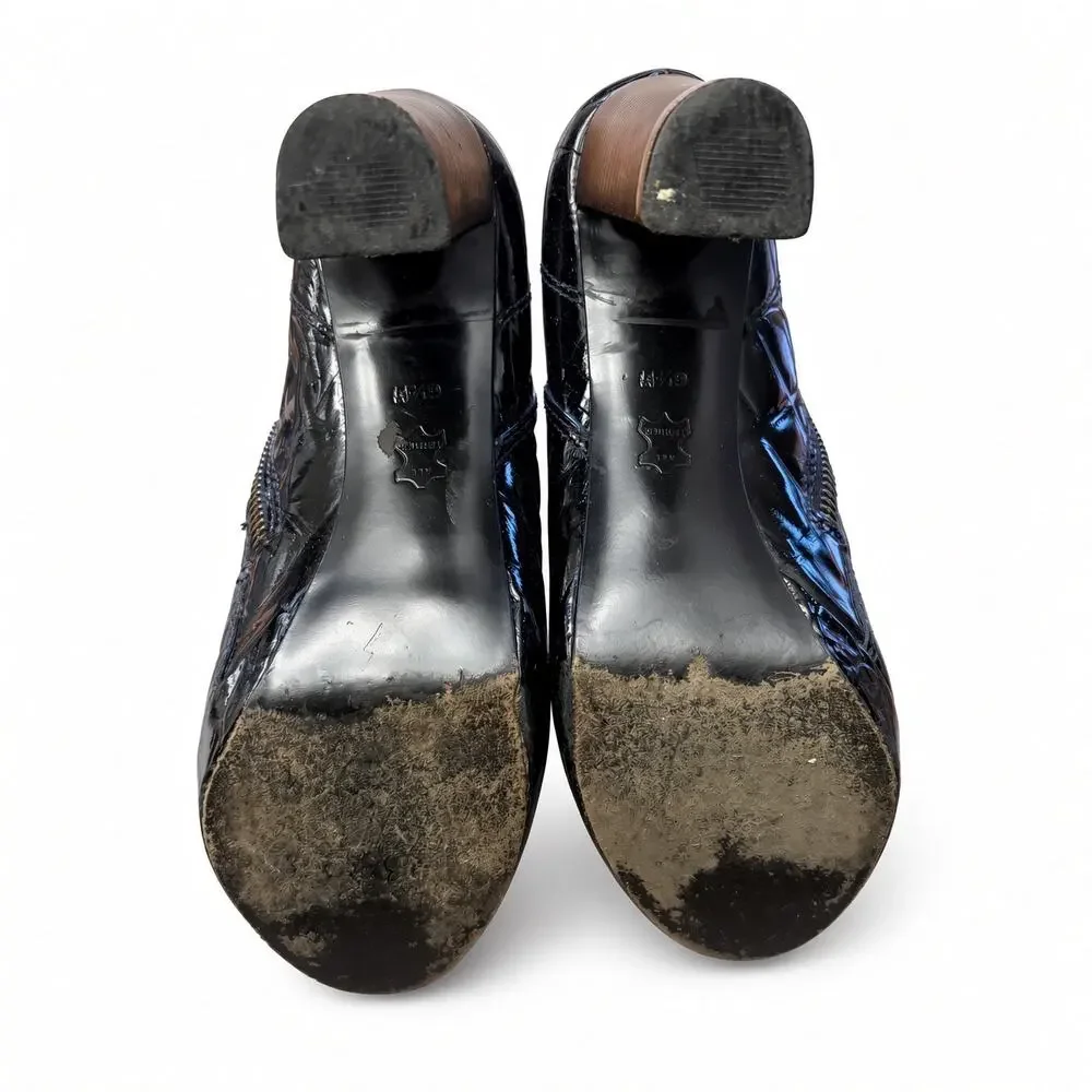 Tory Burch Black Croc Embossed Patent Platform Ankle Boots Size 6.5 Gold Logo